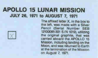 The pencil cross on this card was made by original graphite flown to the lunar surface by Col. Jim Irwin on board Apollo 15.